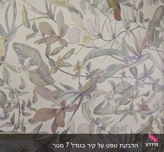 טפט עם פרחים וציפורים צבעוניות על קיר